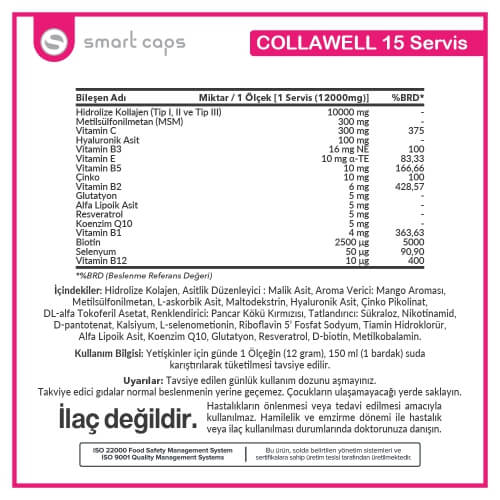 Smartcaps CollaWell Hidrolize Kollajen (Type I,II,III) İçeren Takviye edici Gıda 180 gr