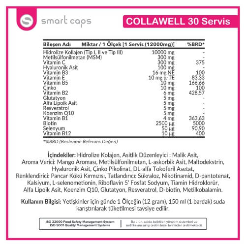 Smartcaps CollaWell Hidrolize Kollajen (Type I,II,III) İçeren 360 gr