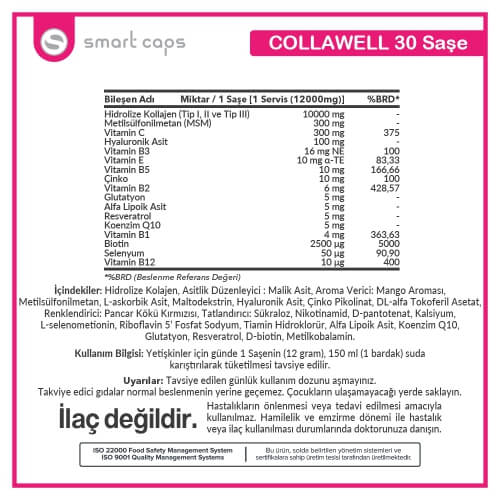 Smartcaps CollaWell Hidrolize Kolajen (Type I,II,III) İçeren Takviye edici Gıda 30 Saşe
