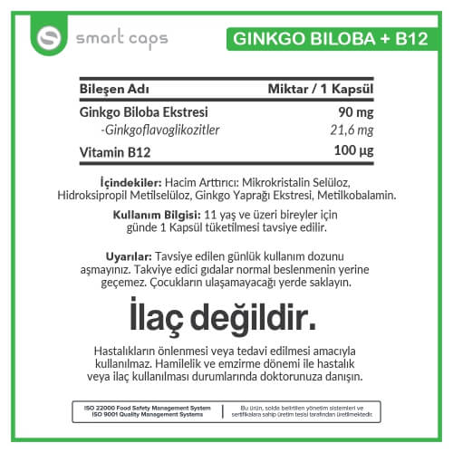 Smartcaps Gingko Biloba + B12 60 Kapsül